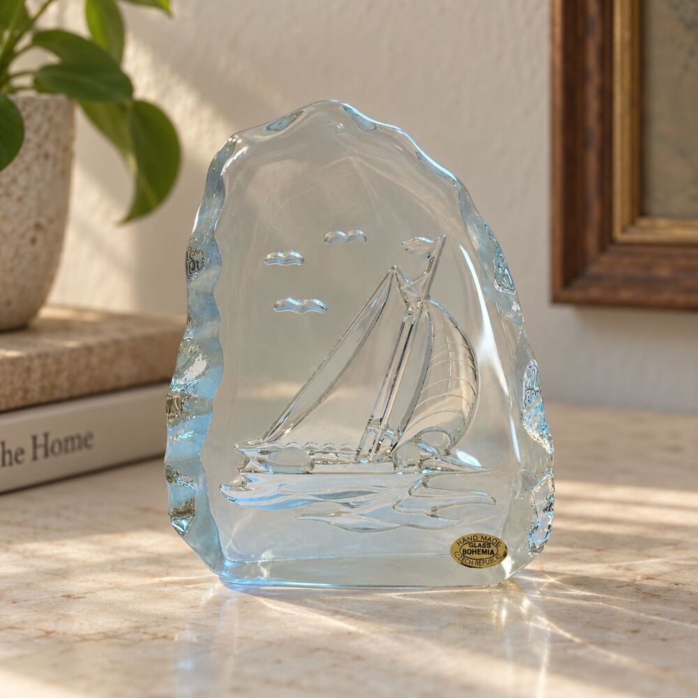 Bohemian Czech Glass Sailboat Sculpture, Clear Art Glass Nautical Figurine